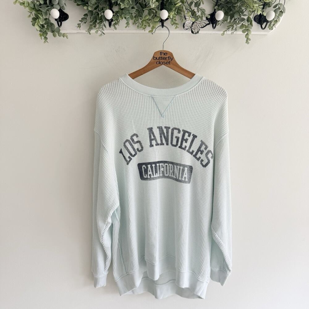 Aerie Waffle Knit Mint Green Graphic Crewneck Sweatshirt Size M 94856